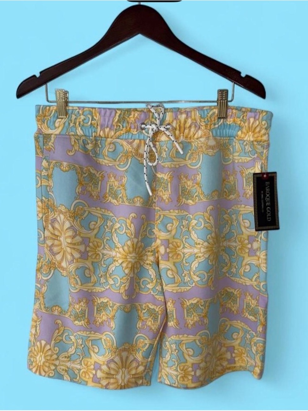 Men's Baroque Printed Flat Front Shorts in Pastel Blue & Lavender - L